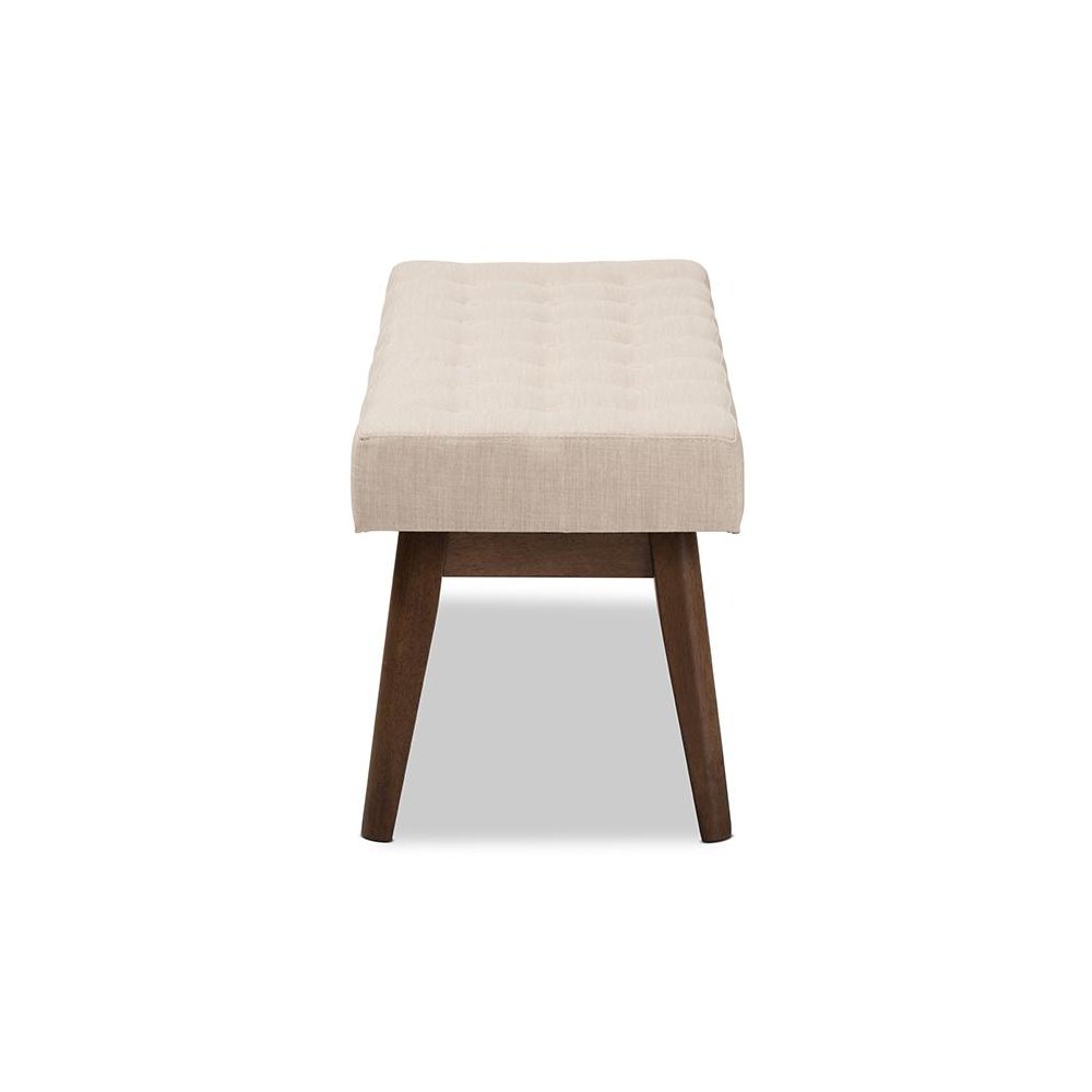 Elia Mid-Century Modern Walnut Wood Light Beige Fabric Button-Tufted Bench. Picture 3