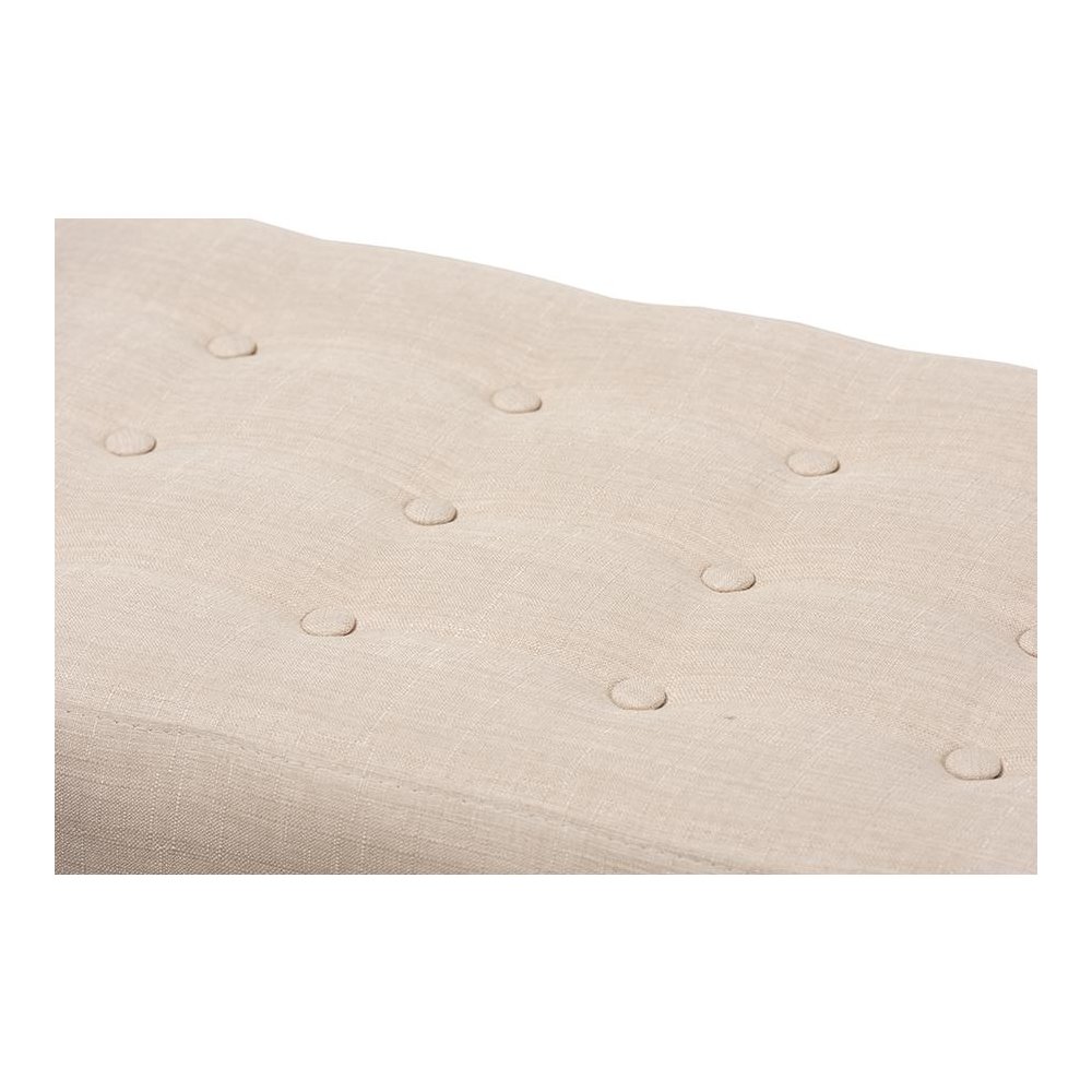 Elia Mid-Century Modern Walnut Wood Light Beige Fabric Button-Tufted Bench. Picture 4