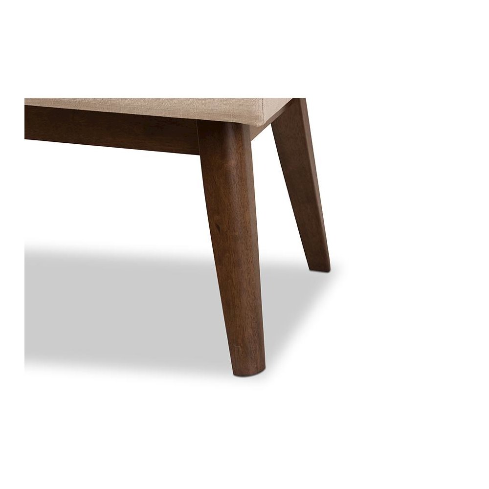 Elia Mid-Century Modern Walnut Wood Light Beige Fabric Button-Tufted Bench. Picture 5