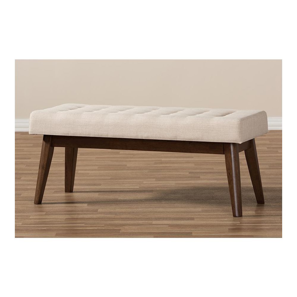 Elia Mid-Century Modern Walnut Wood Light Beige Fabric Button-Tufted Bench. Picture 7