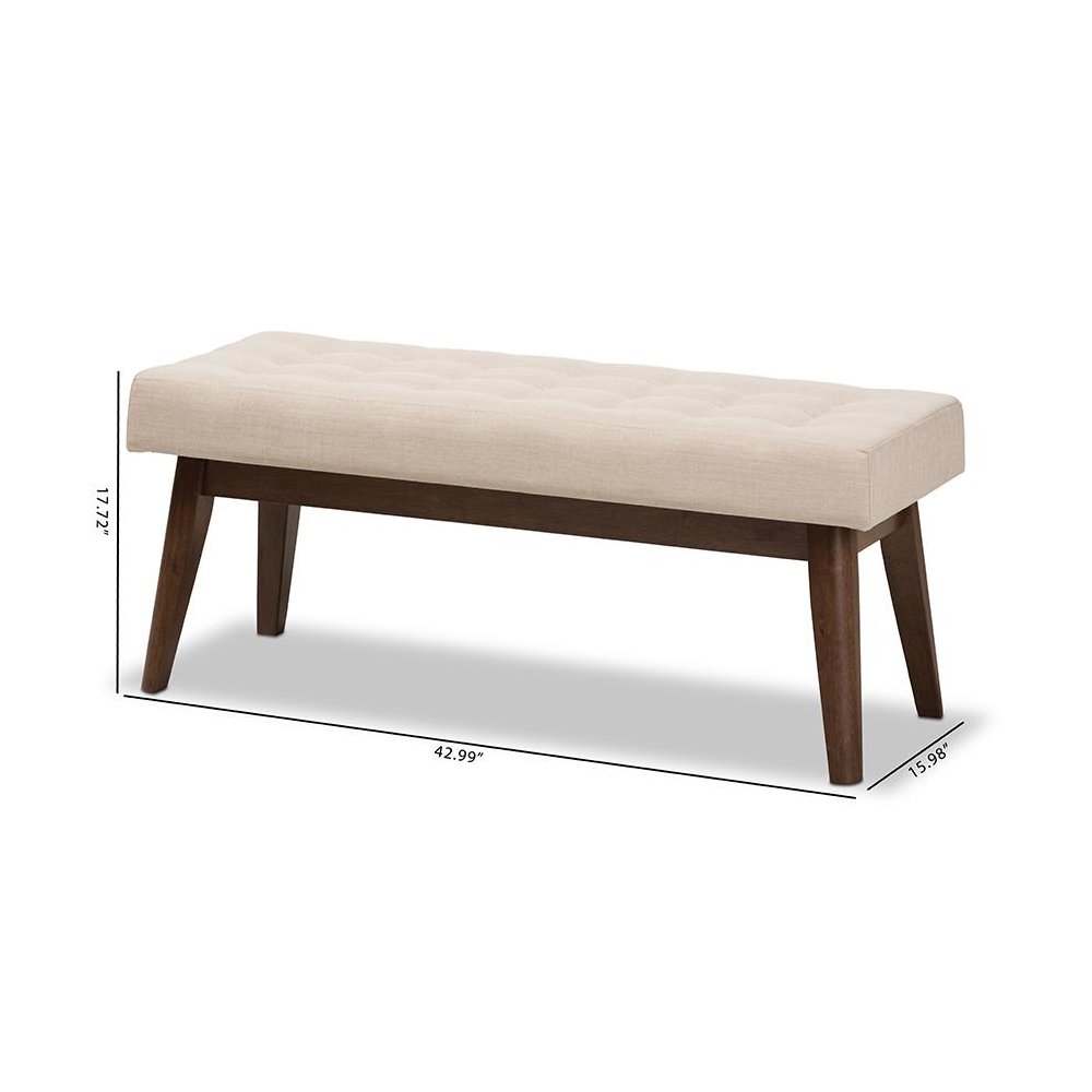 Elia Mid-Century Modern Walnut Wood Light Beige Fabric Button-Tufted Bench. Picture 8