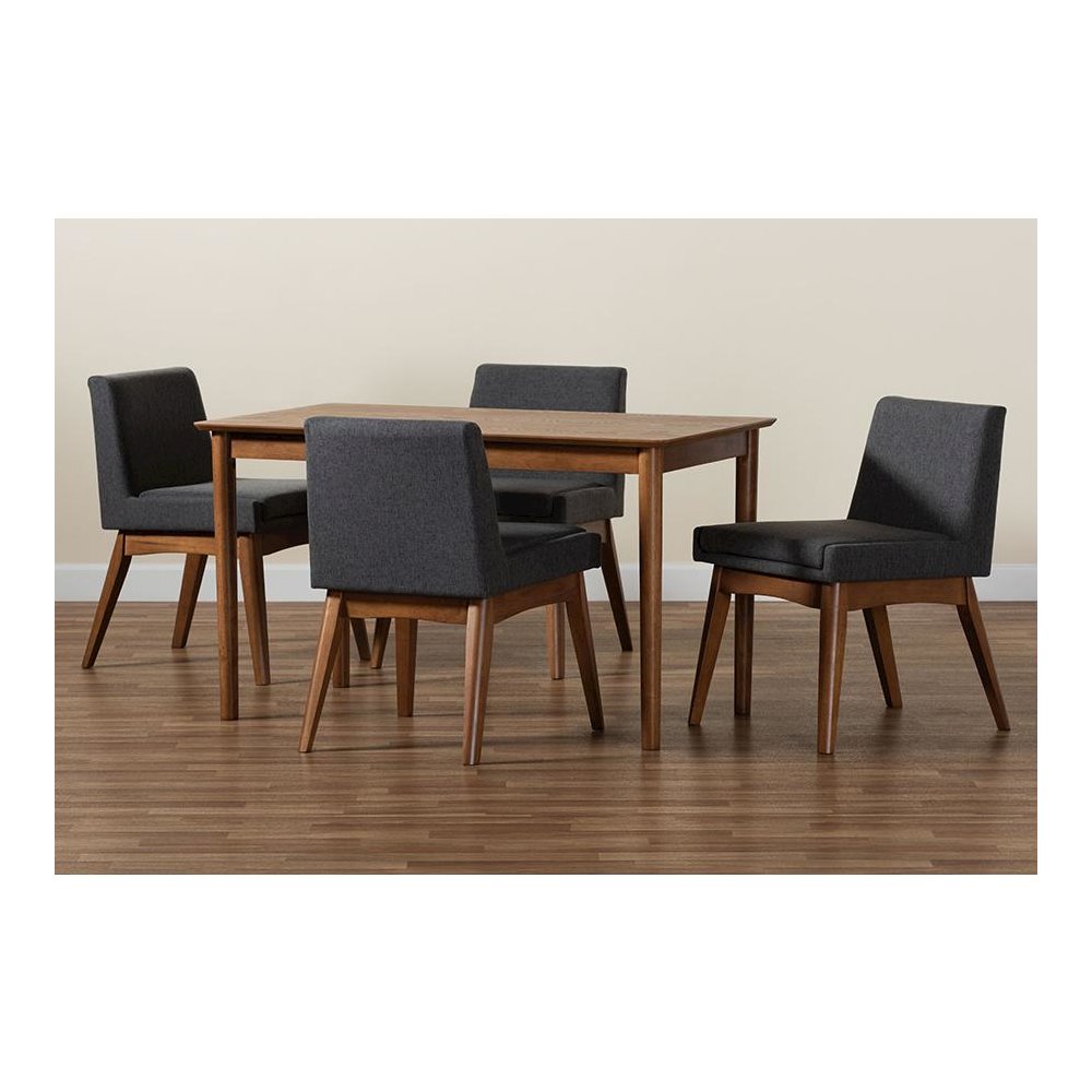 Dark Grey Fabric Upholstered and Walnut Brown Finished Wood 5-Piece Dining Set. Picture 8