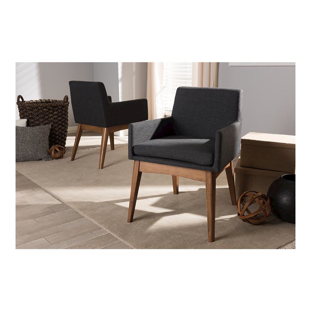 Walnut Wood Finishing Dark Grey Fabric Dining Armchair (Set of 2). Picture 5