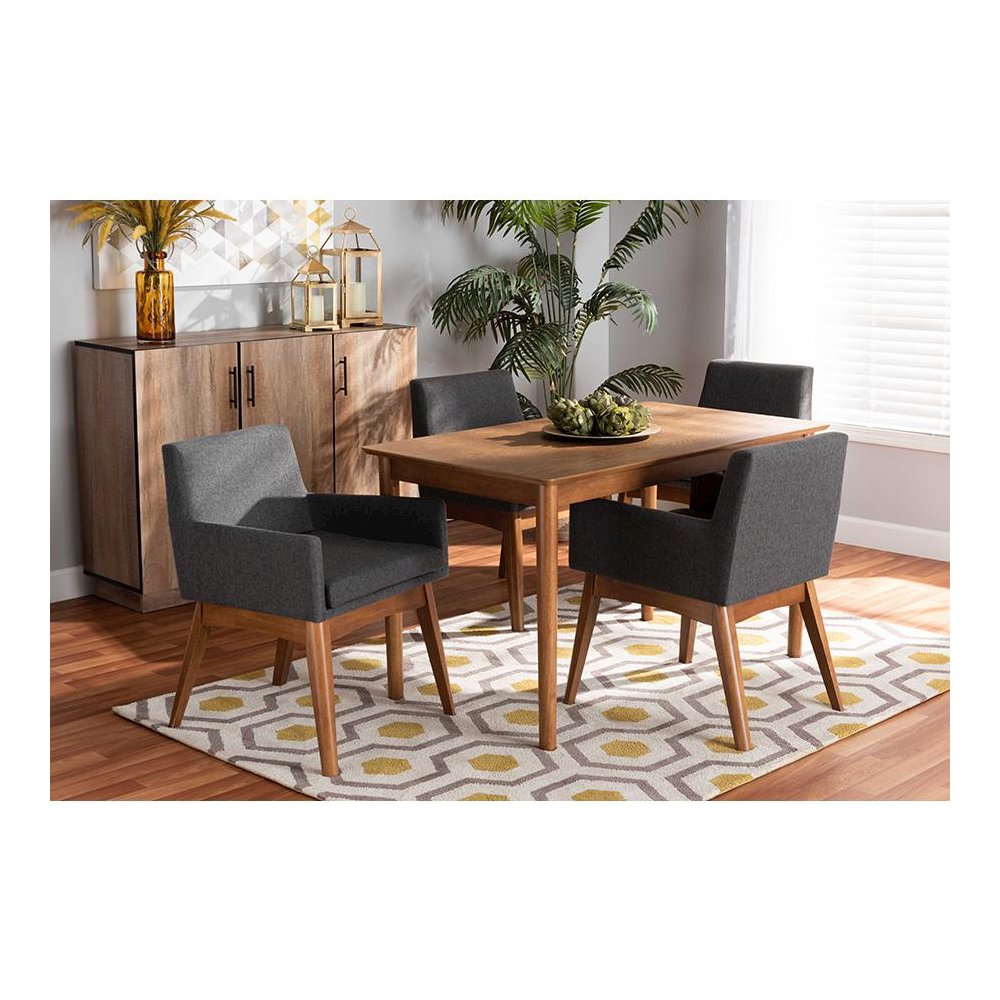 Dark Grey Fabric Upholstered and Walnut Brown Finished Wood 5-Piece Dining Set. Picture 7