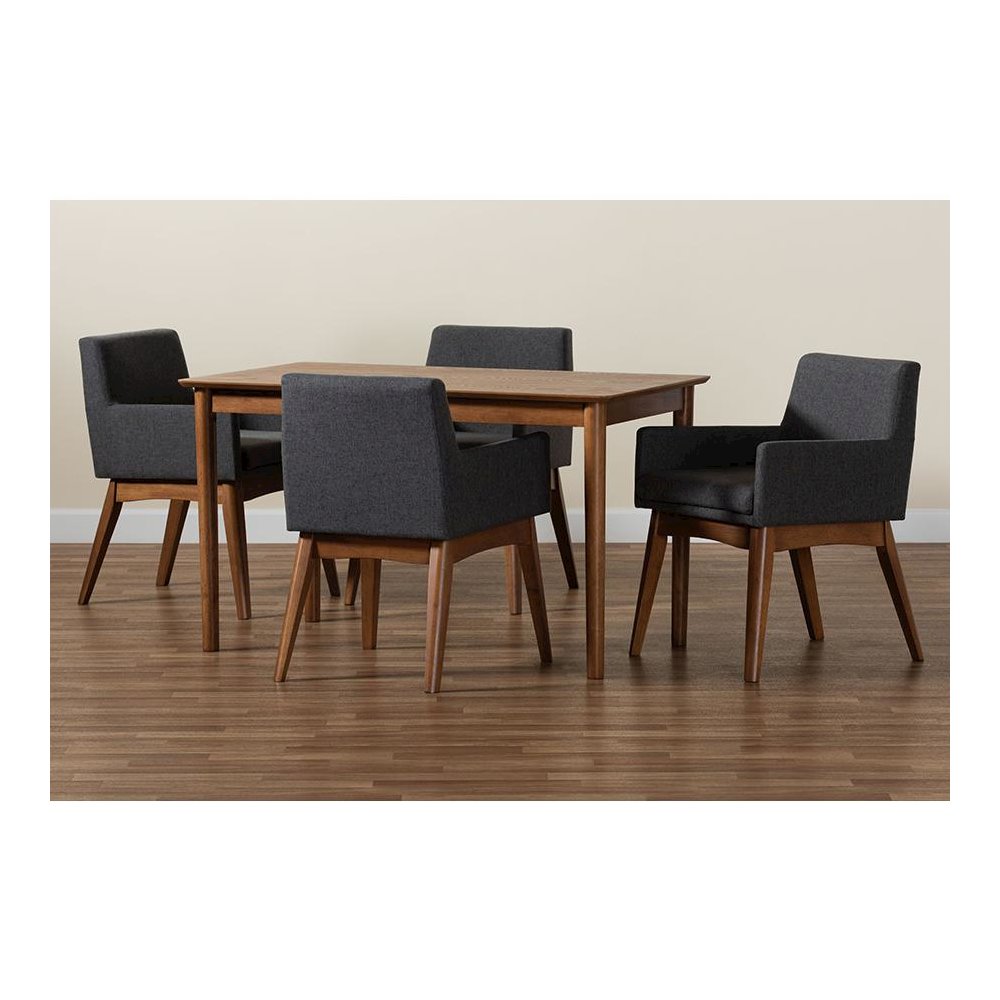 Dark Grey Fabric Upholstered and Walnut Brown Finished Wood 5-Piece Dining Set. Picture 8