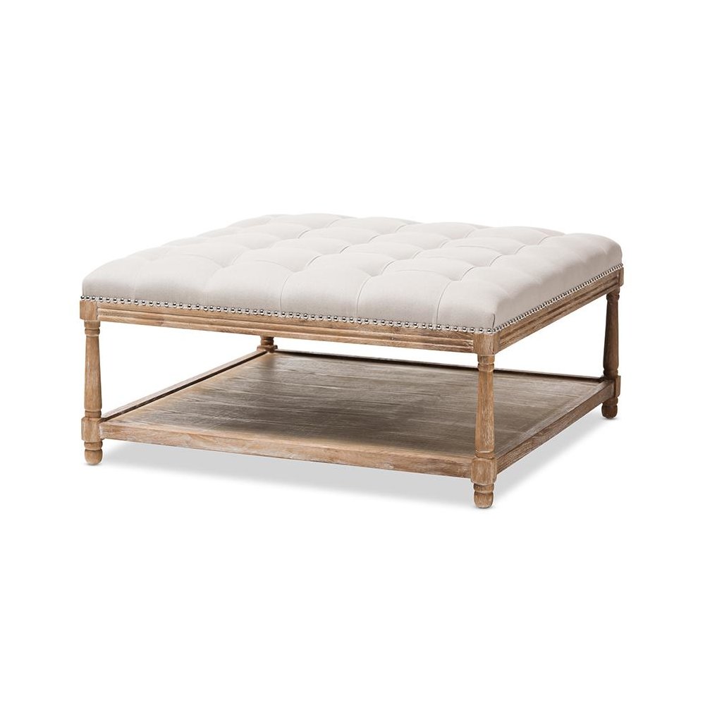 Carlotta French Country Weathered Oak Beige Linen Square Coffee Table Ottoman. Picture 1