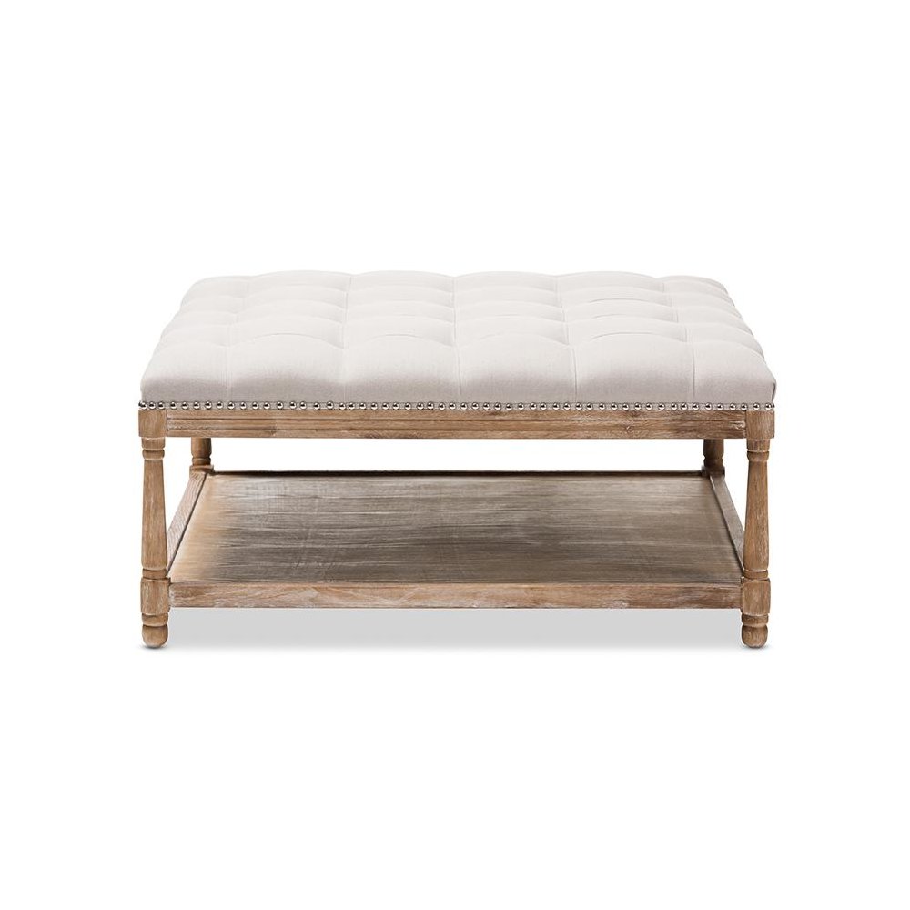 Carlotta French Country Weathered Oak Beige Linen Square Coffee Table Ottoman. Picture 2
