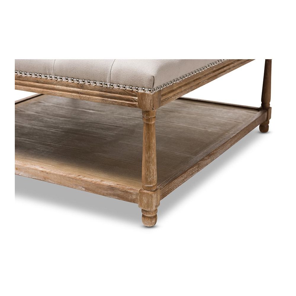 Carlotta French Country Weathered Oak Beige Linen Square Coffee Table Ottoman. Picture 4