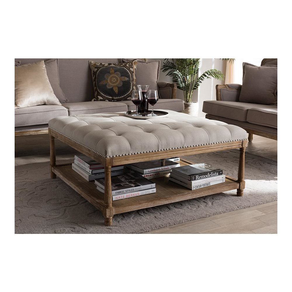 Carlotta French Country Weathered Oak Beige Linen Square Coffee Table Ottoman. Picture 5
