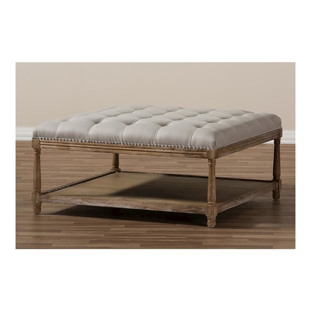 Carlotta French Country Weathered Oak Beige Linen Square Coffee Table Ottoman. Picture 6