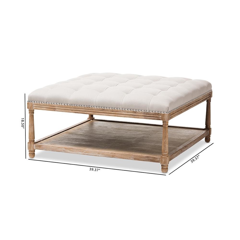 Carlotta French Country Weathered Oak Beige Linen Square Coffee Table Ottoman. Picture 7