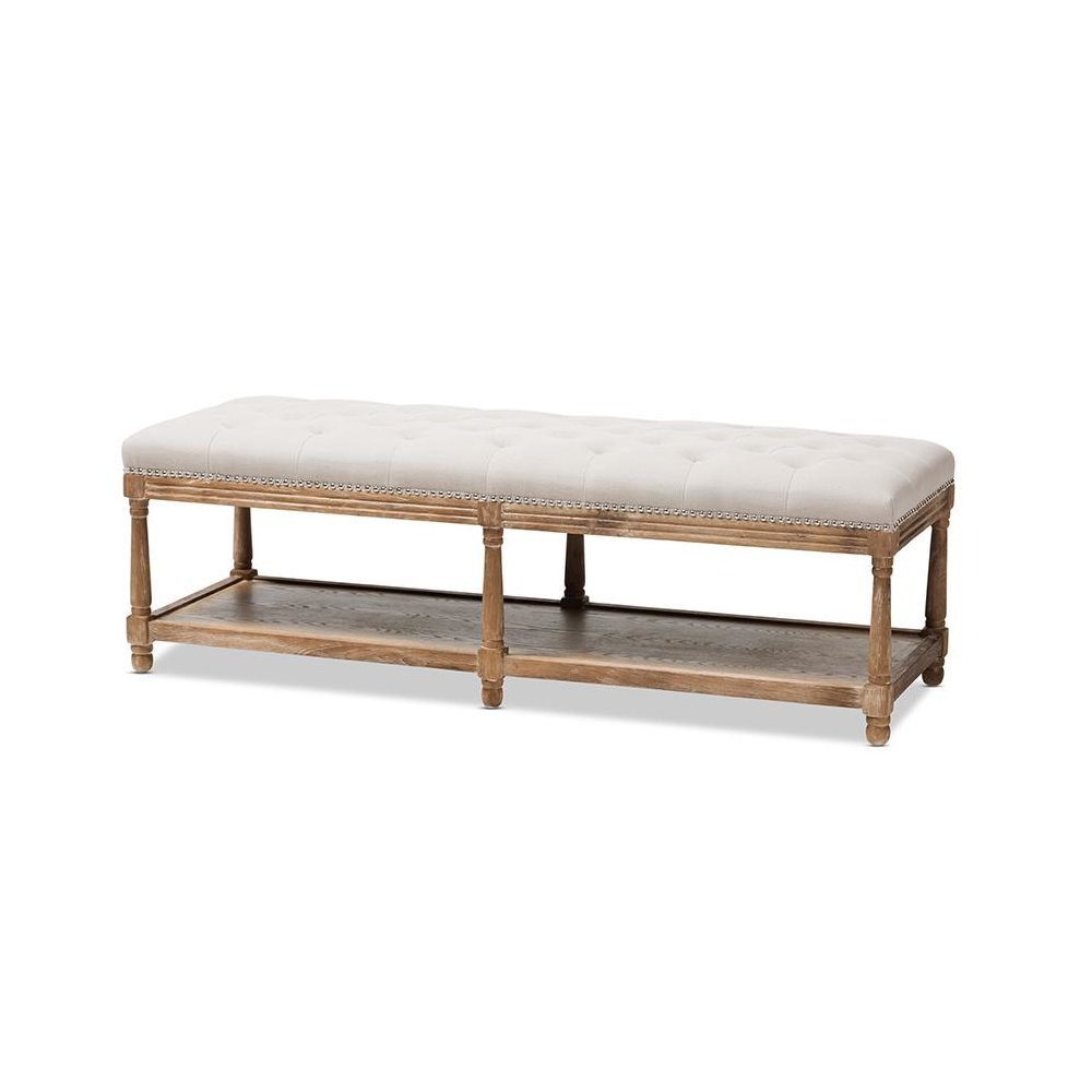 Celeste French Country Weathered Oak Beige Linen Upholstered Ottoman Bench. Picture 1