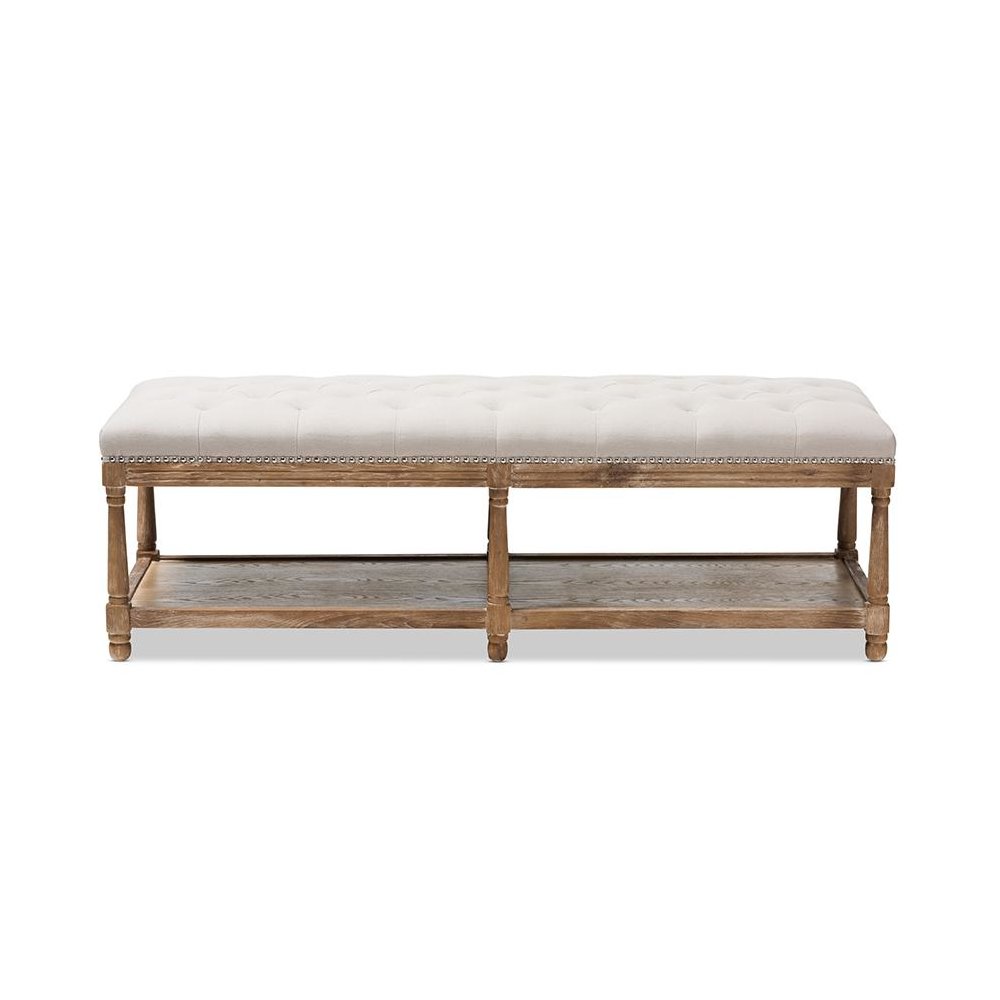 Celeste French Country Weathered Oak Beige Linen Upholstered Ottoman Bench. Picture 2