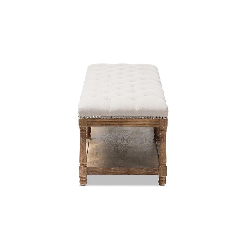 Celeste French Country Weathered Oak Beige Linen Upholstered Ottoman Bench. Picture 3