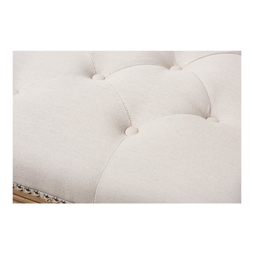Celeste French Country Weathered Oak Beige Linen Upholstered Ottoman Bench. Picture 4