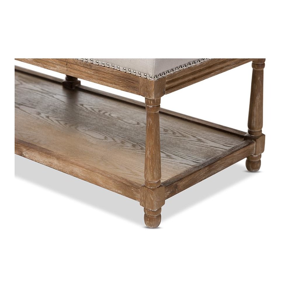 Celeste French Country Weathered Oak Beige Linen Upholstered Ottoman Bench. Picture 5