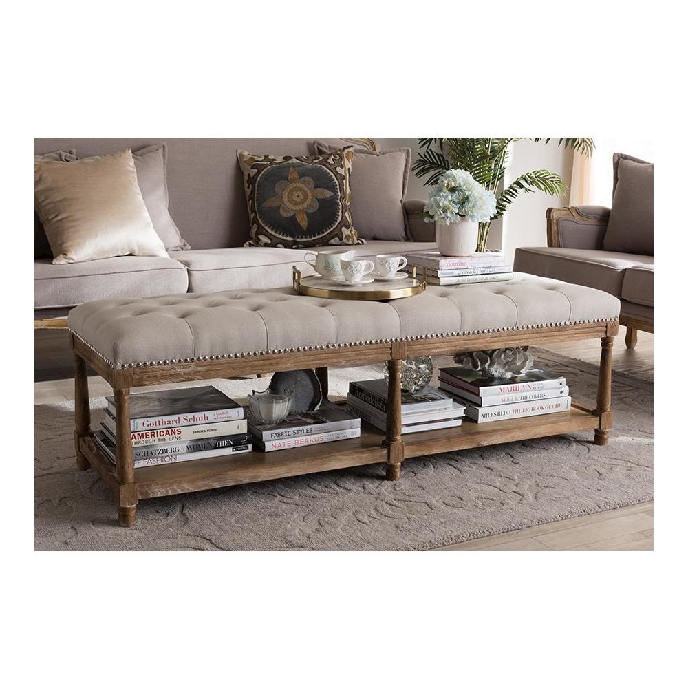 Celeste French Country Weathered Oak Beige Linen Upholstered Ottoman Bench. Picture 6