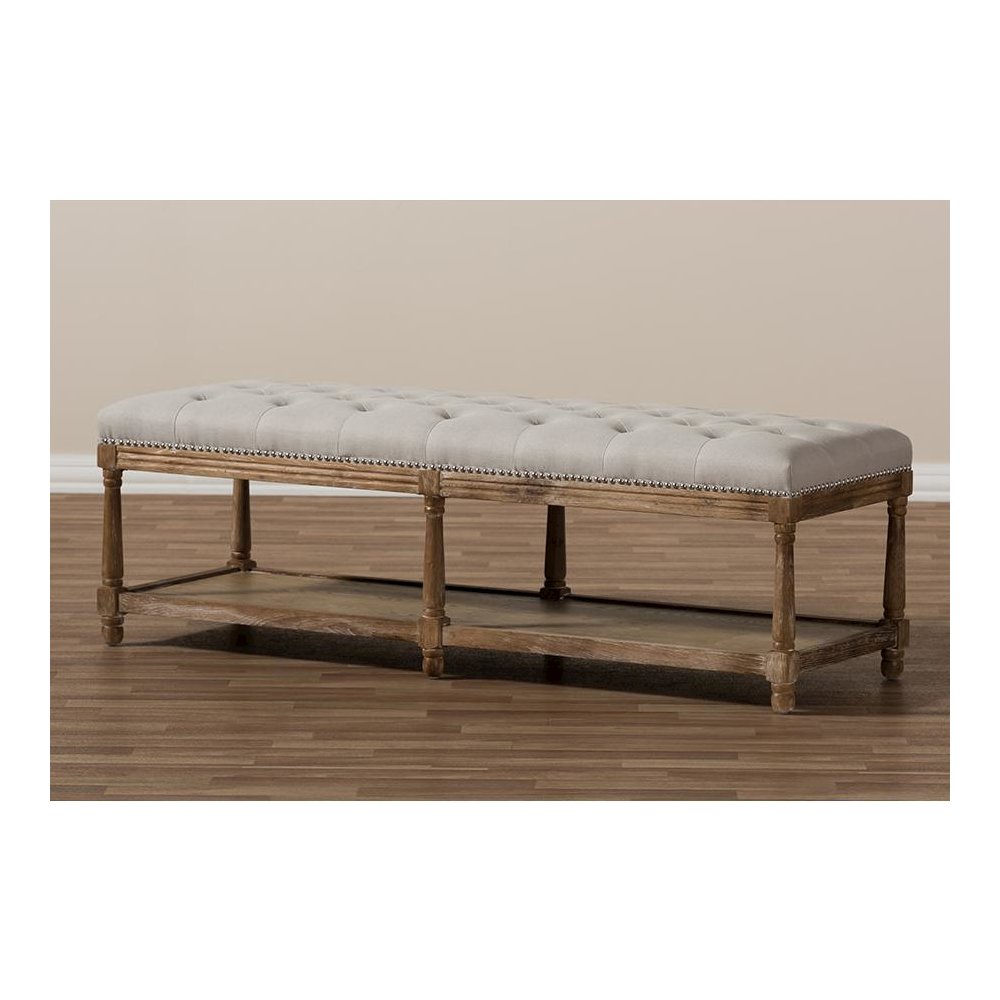 Celeste French Country Weathered Oak Beige Linen Upholstered Ottoman Bench. Picture 7