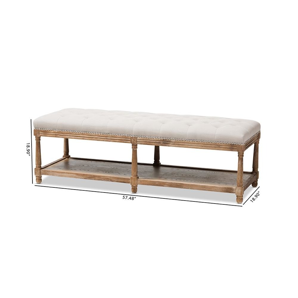 Celeste French Country Weathered Oak Beige Linen Upholstered Ottoman Bench. Picture 8