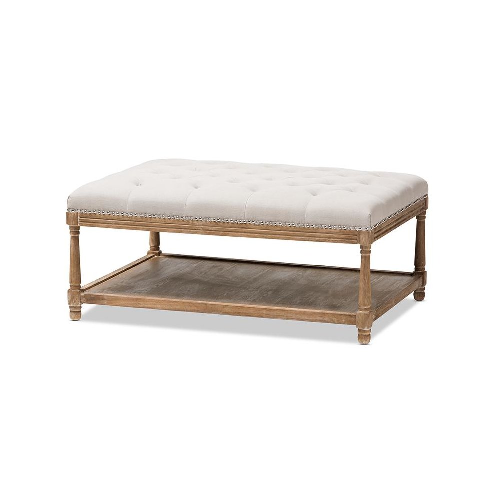 Country Weathered Oak Beige Linen Rectangular Coffee Table Ottoman. Picture 1