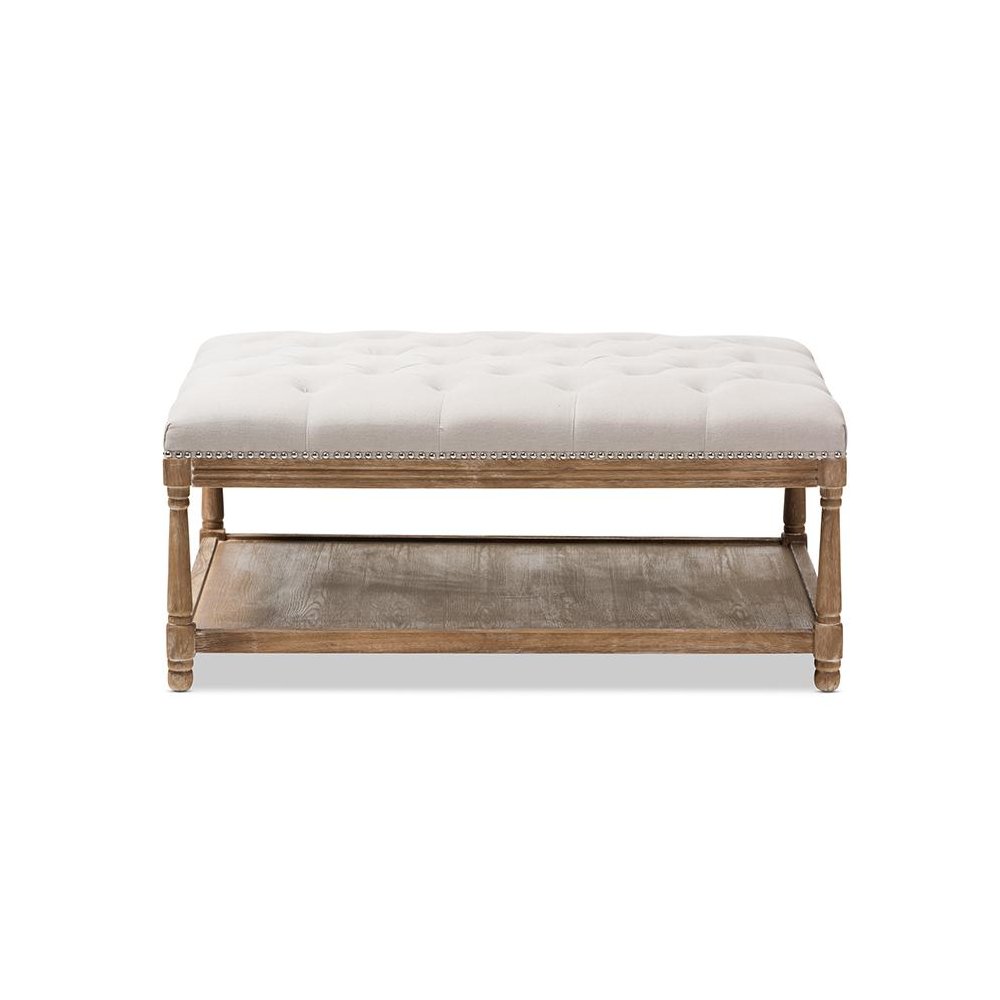 Country Weathered Oak Beige Linen Rectangular Coffee Table Ottoman. Picture 2