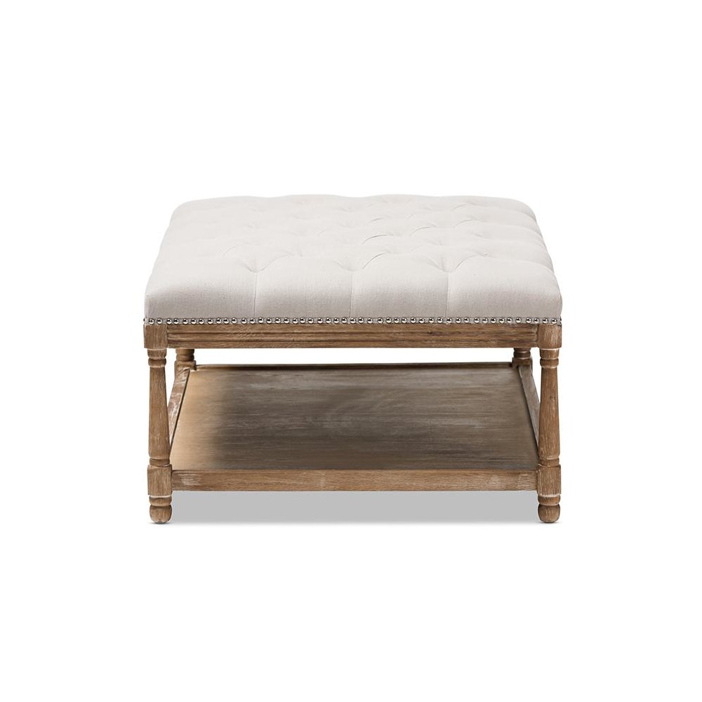 Country Weathered Oak Beige Linen Rectangular Coffee Table Ottoman. Picture 3