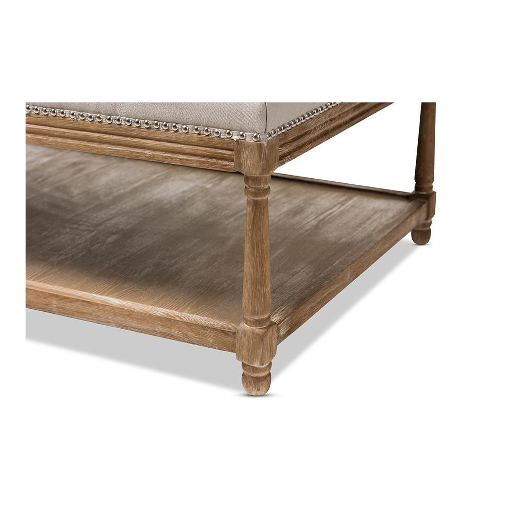 Country Weathered Oak Beige Linen Rectangular Coffee Table Ottoman. Picture 5