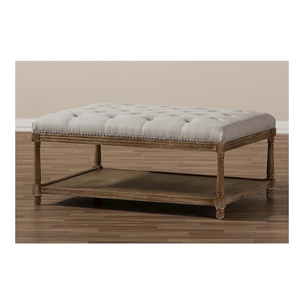 Country Weathered Oak Beige Linen Rectangular Coffee Table Ottoman. Picture 7