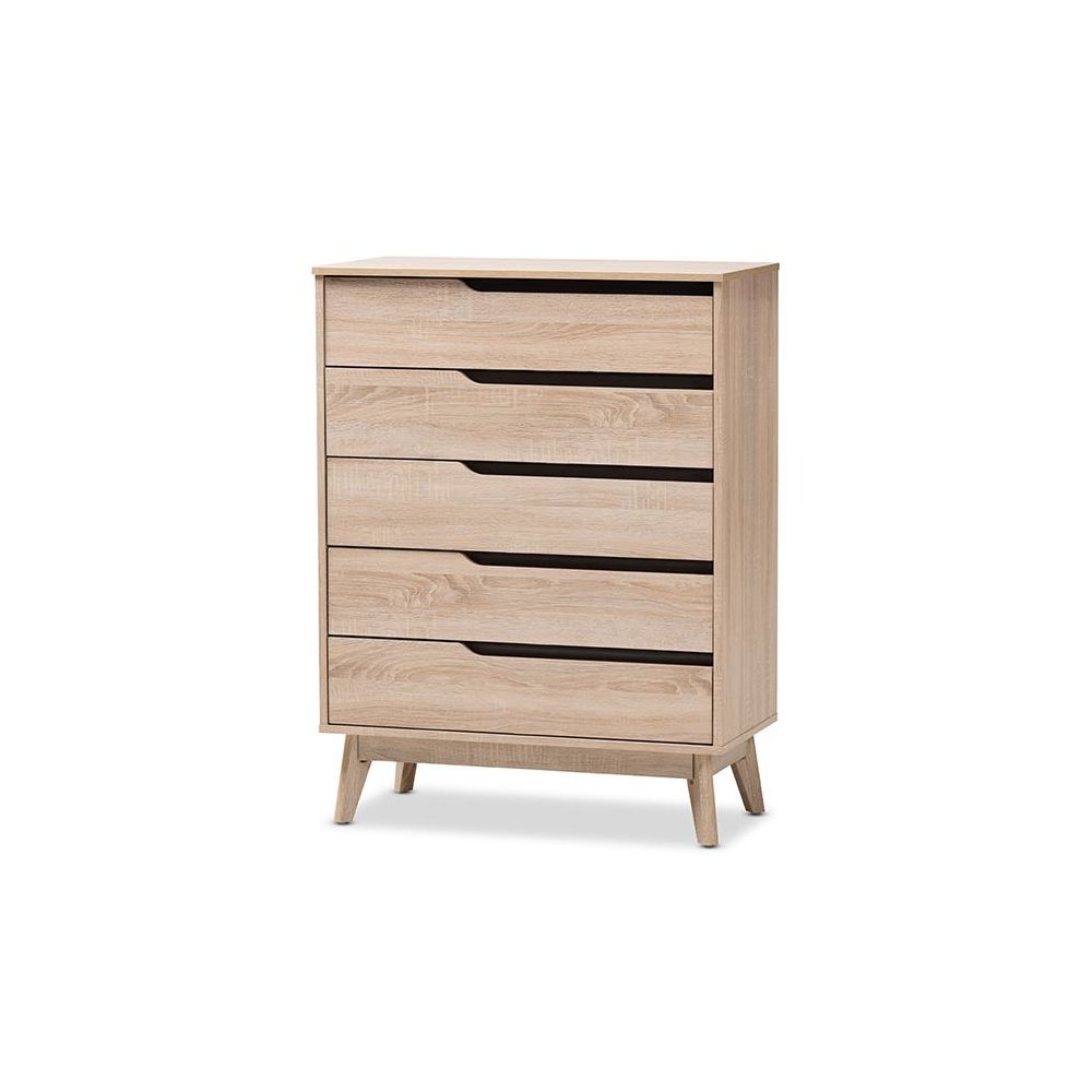 Baxton Studio Fella Mid-Century Modern Two-Tone Oak and Grey Wood 5-Drawer Chest. Picture 1