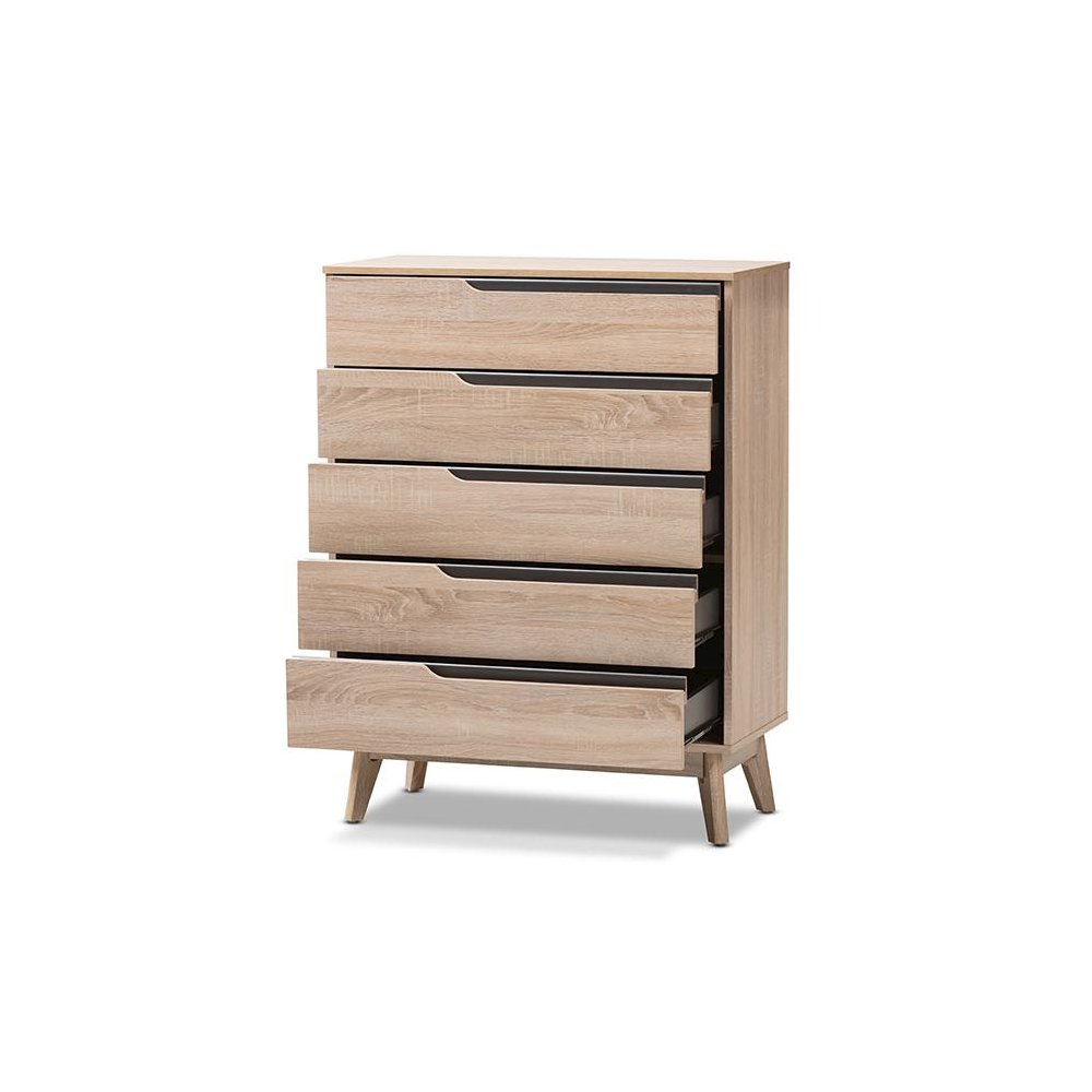 Baxton Studio Fella Mid-Century Modern Two-Tone Oak and Grey Wood 5-Drawer Chest. Picture 2