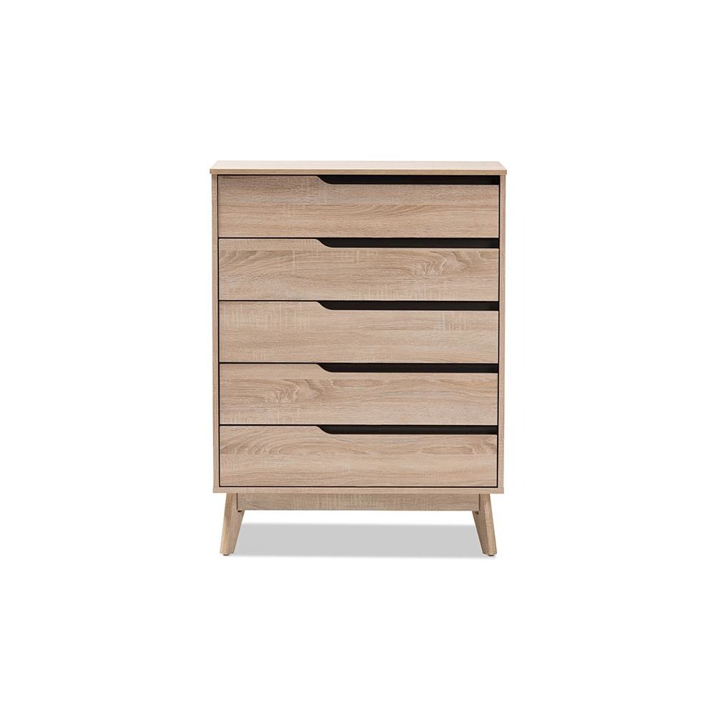 Baxton Studio Fella Mid-Century Modern Two-Tone Oak and Grey Wood 5-Drawer Chest. Picture 3