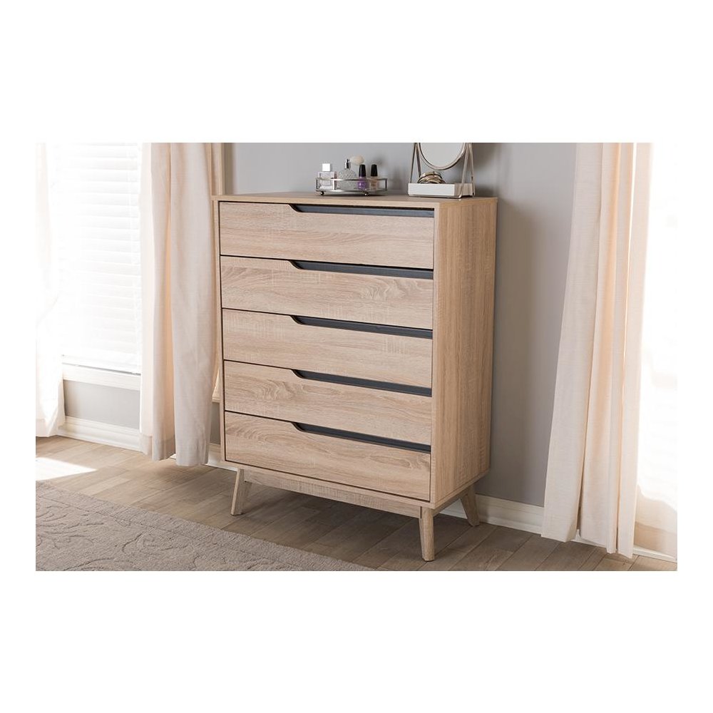 Baxton Studio Fella Mid-Century Modern Two-Tone Oak and Grey Wood 5-Drawer Chest. Picture 5