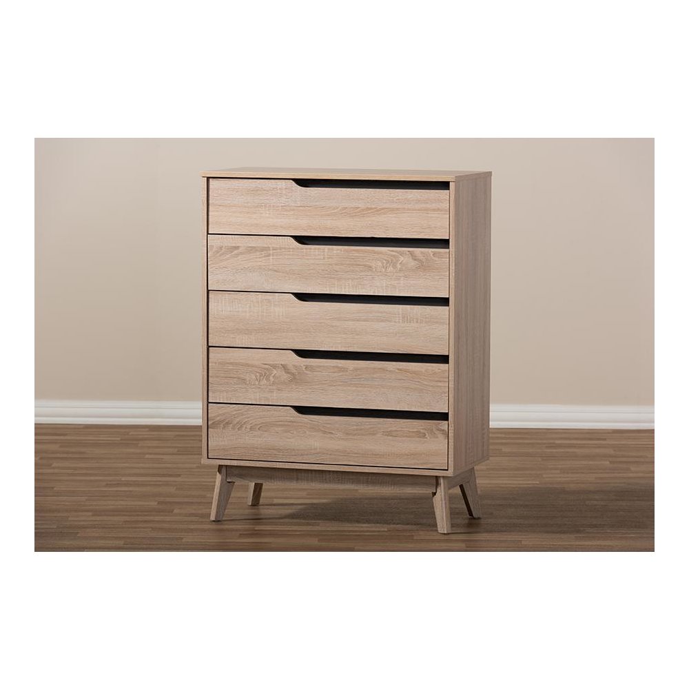 Baxton Studio Fella Mid-Century Modern Two-Tone Oak and Grey Wood 5-Drawer Chest. Picture 6