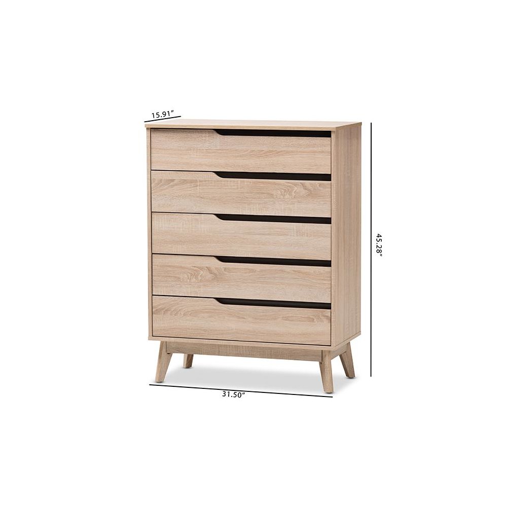 Baxton Studio Fella Mid-Century Modern Two-Tone Oak and Grey Wood 5-Drawer Chest. Picture 7