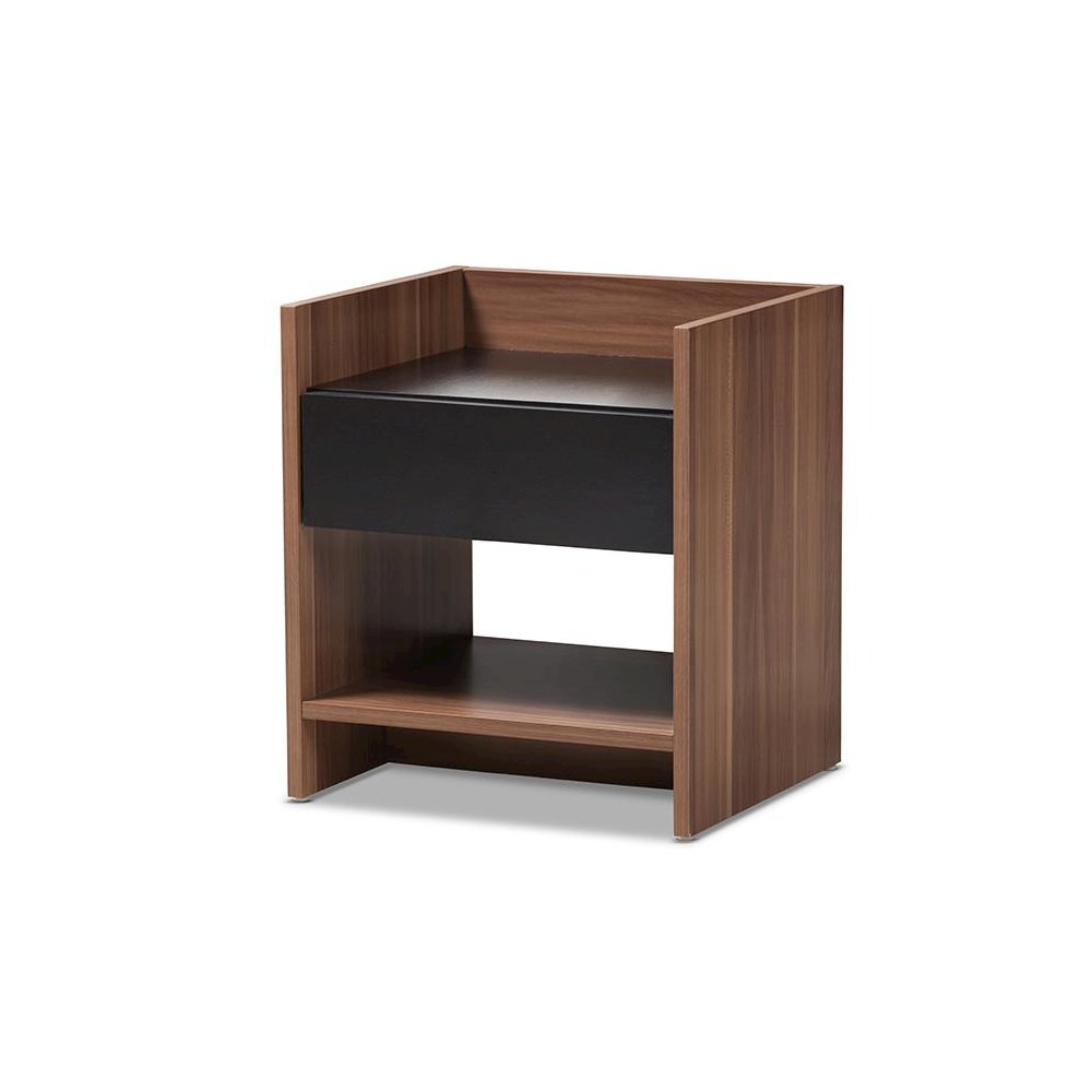 Vanda Modern and Contemporary Two-Tone Walnut and Black Wood 1-Drawer Nightstand. Picture 1