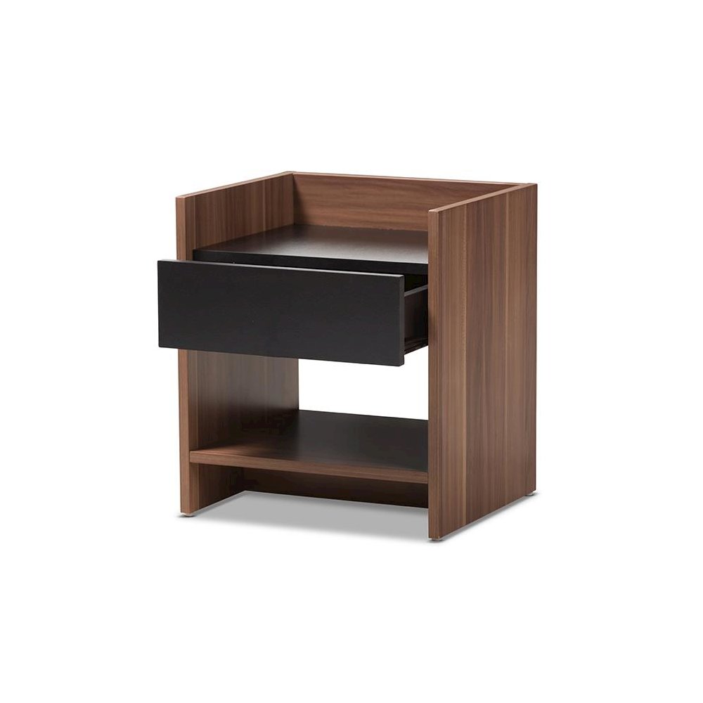 Vanda Modern and Contemporary Two-Tone Walnut and Black Wood 1-Drawer Nightstand. Picture 2
