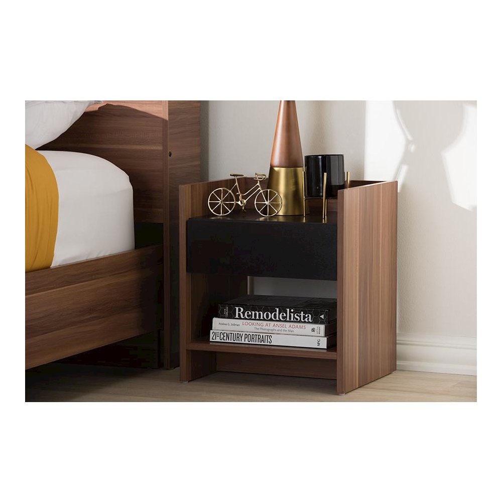 Vanda Modern and Contemporary Two-Tone Walnut and Black Wood 1-Drawer Nightstand. Picture 5
