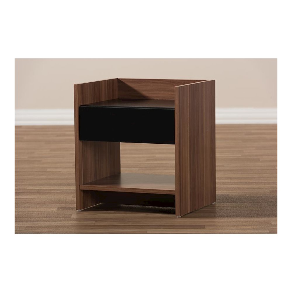 Vanda Modern and Contemporary Two-Tone Walnut and Black Wood 1-Drawer Nightstand. Picture 6