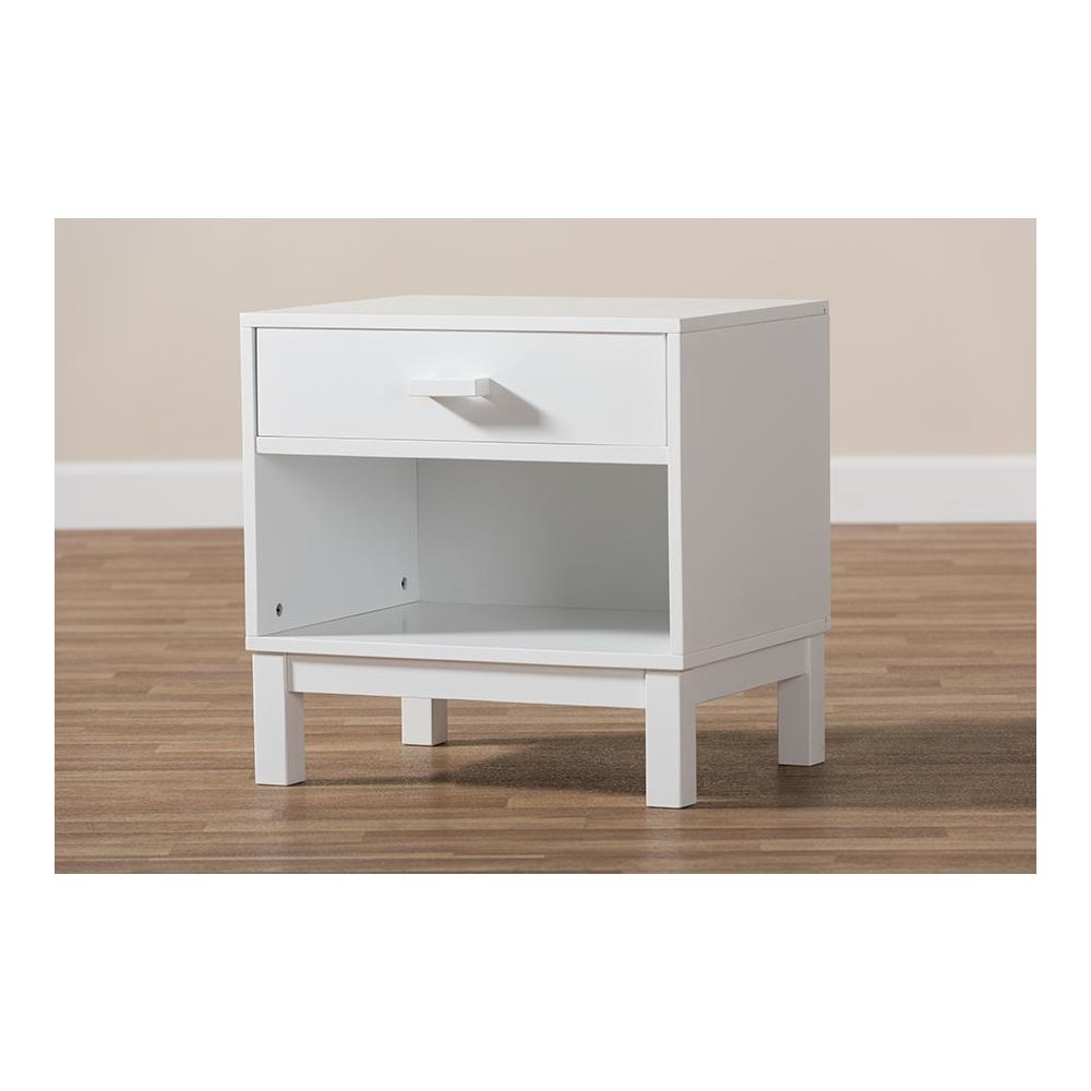Deirdre Modern and Contemporary White Wood 1-Drawer Nightstand. Picture 10