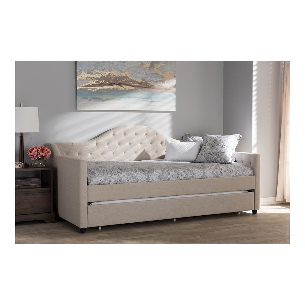 Perry Modern and Contemporary Light Beige Fabric Daybed with Trundle. Picture 7