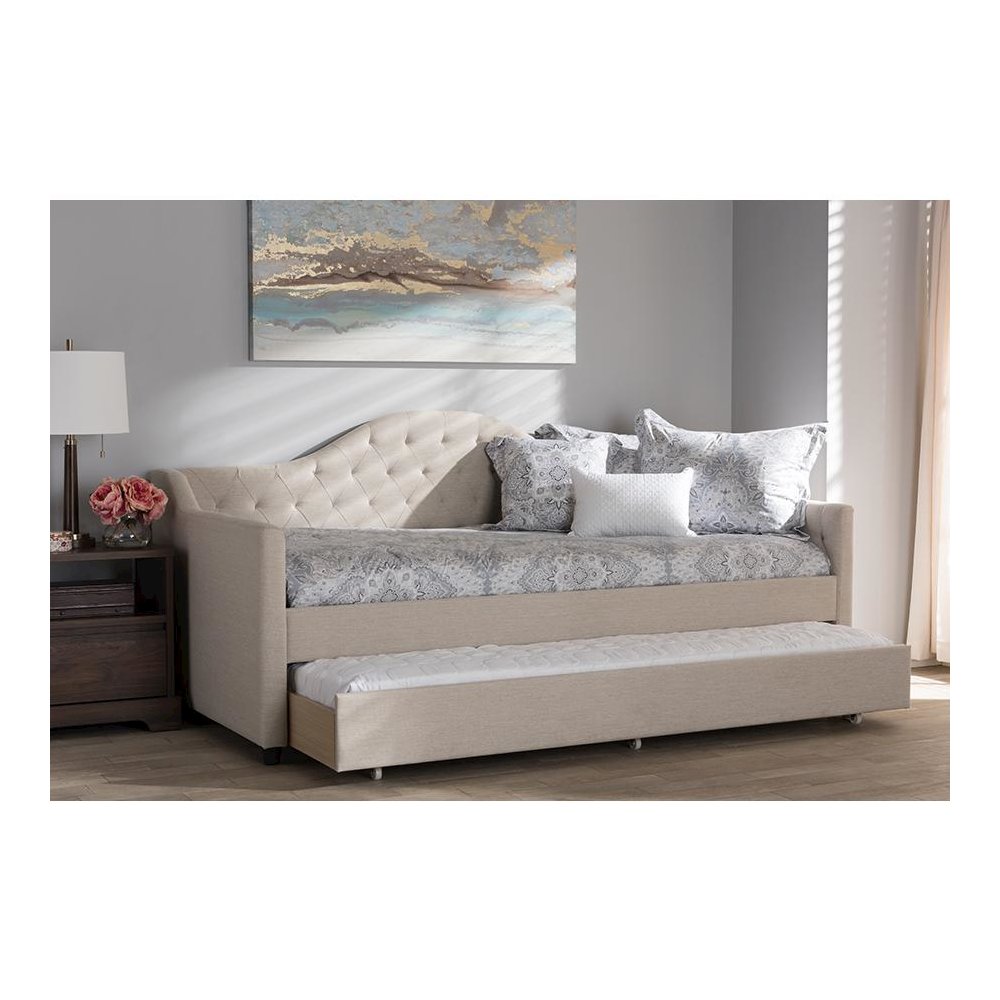 Perry Modern and Contemporary Light Beige Fabric Daybed with Trundle. Picture 8
