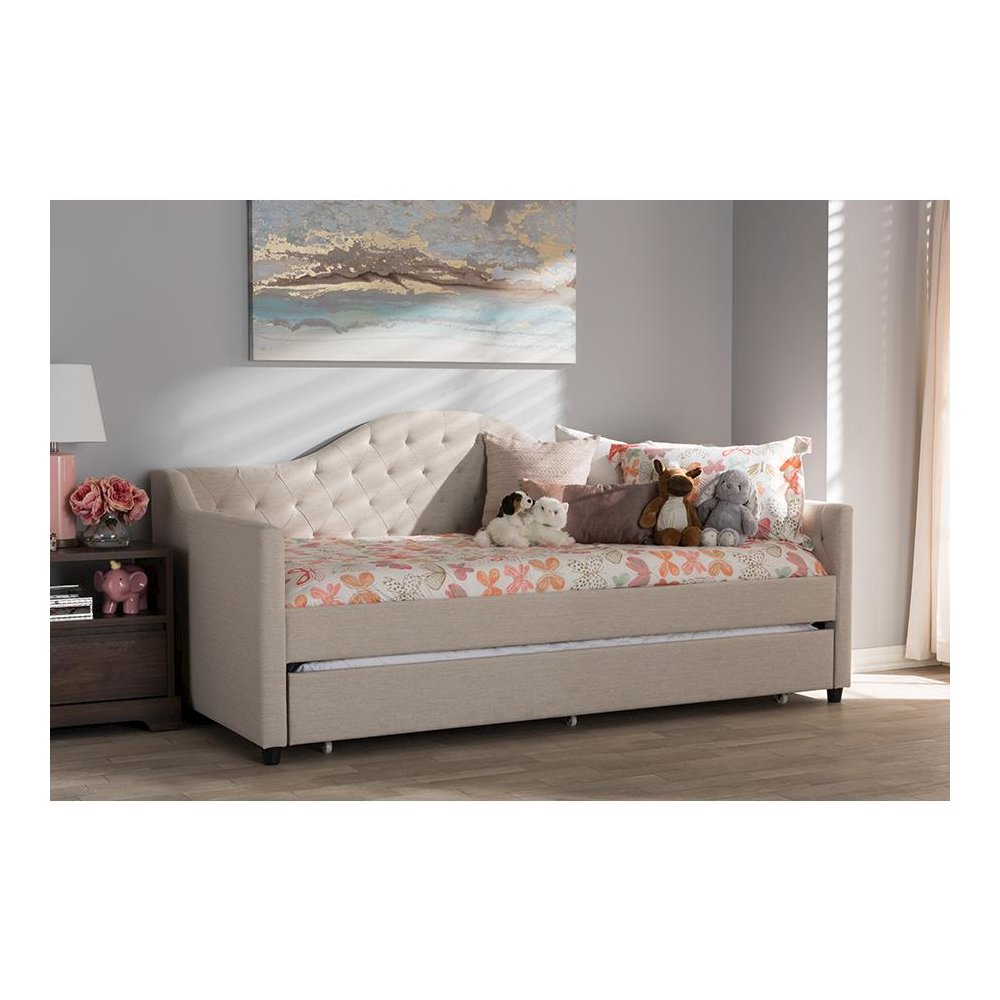 Perry Modern and Contemporary Light Beige Fabric Daybed with Trundle. Picture 9