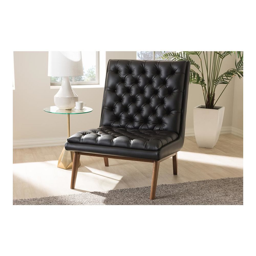 Leather Upholstered Walnut Finished Wood Lounge Chair. Picture 7