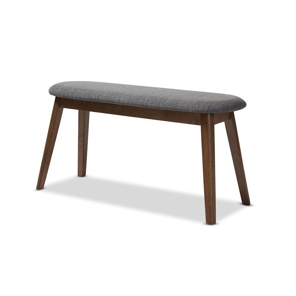 Dark Grey Fabric Upholstered Walnut Finished Wood Bench. Picture 1
