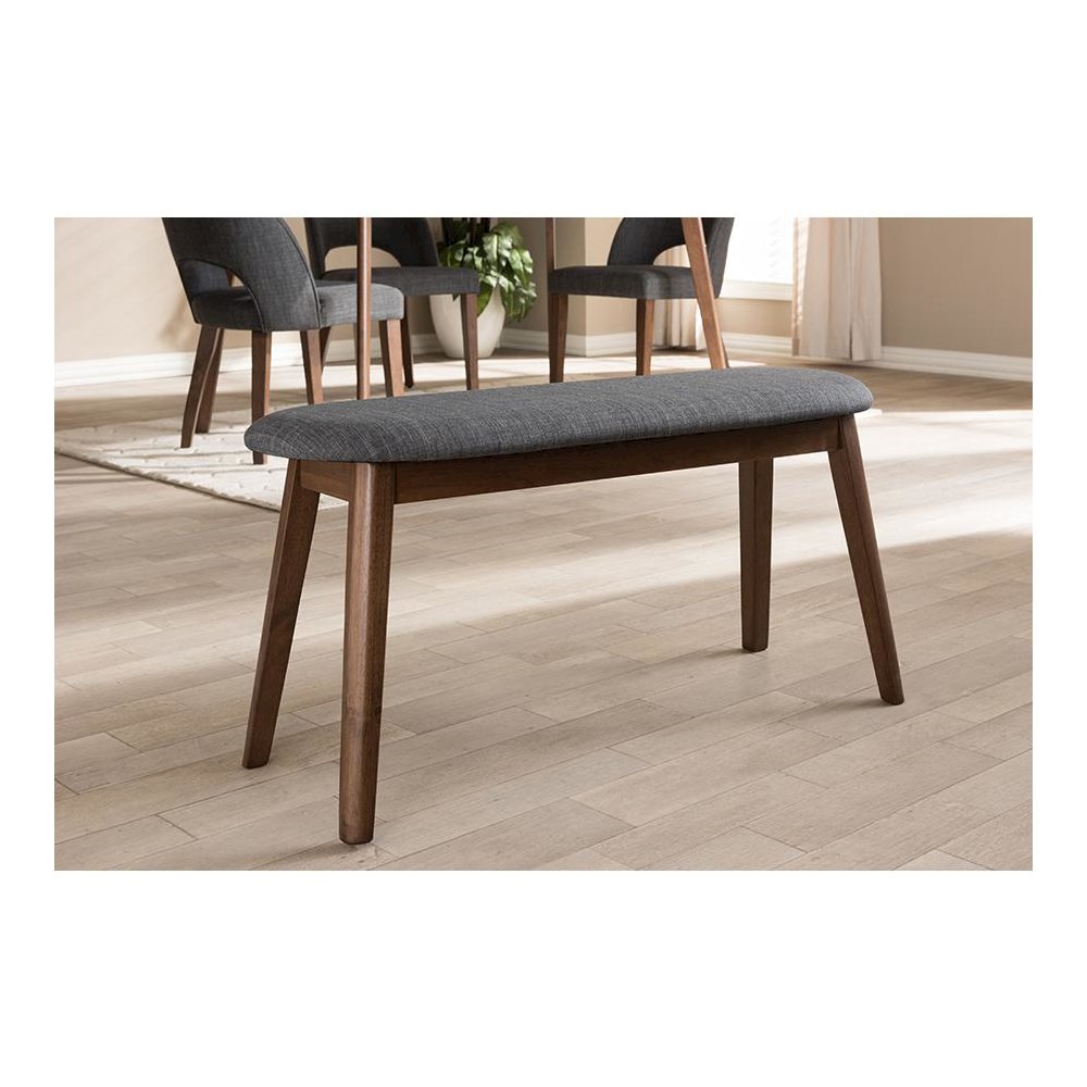 Dark Grey Fabric Upholstered Walnut Finished Wood Bench. Picture 6