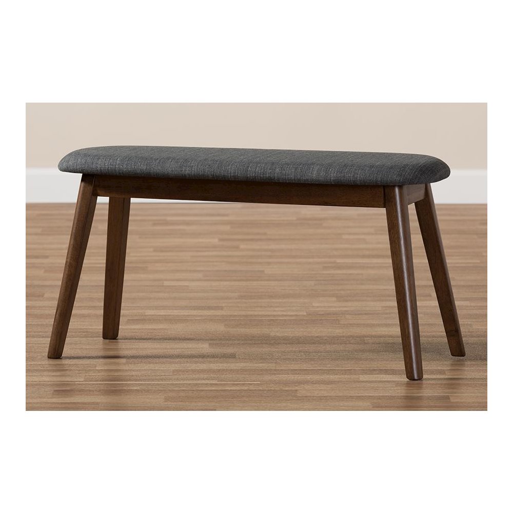 Dark Grey Fabric Upholstered Walnut Finished Wood Bench. Picture 7
