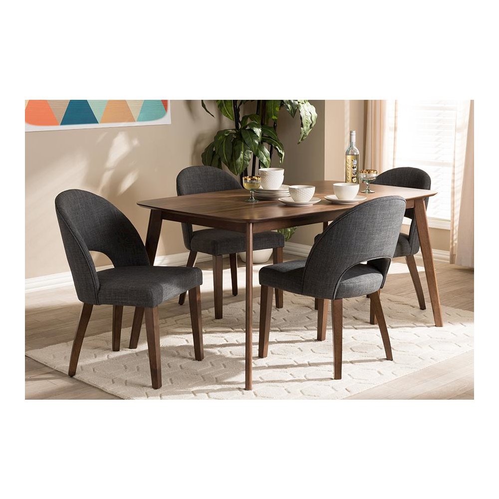 Dark Grey Fabric Upholstered Walnut Finished Wood 5-Piece Dining Set. Picture 4