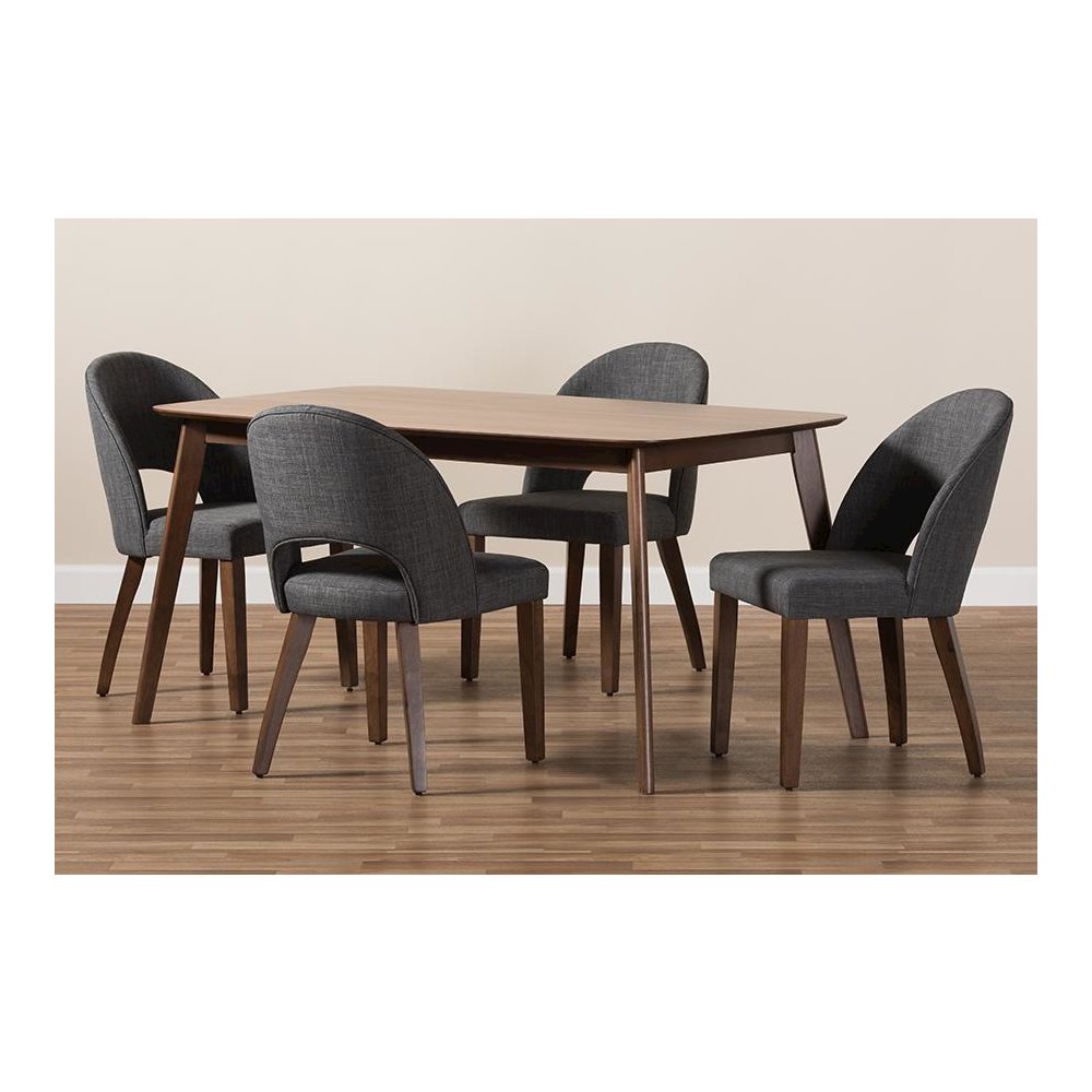 Dark Grey Fabric Upholstered Walnut Finished Wood 5-Piece Dining Set. Picture 5
