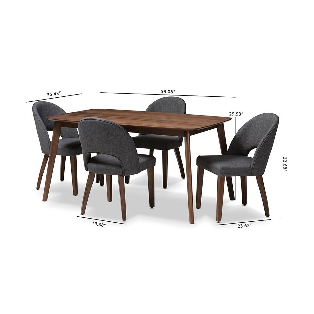 Dark Grey Fabric Upholstered Walnut Finished Wood 5-Piece Dining Set. Picture 6