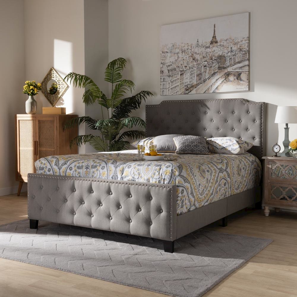 Transitional Grey Fabric Upholstered Button Tufted King Size Panel Bed. Picture 16
